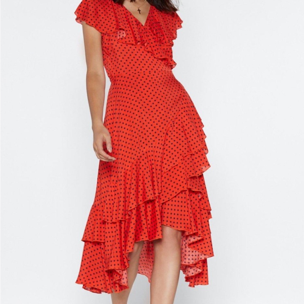 Nasty Gal Red Polka Dot v- neck Ruffle Dress